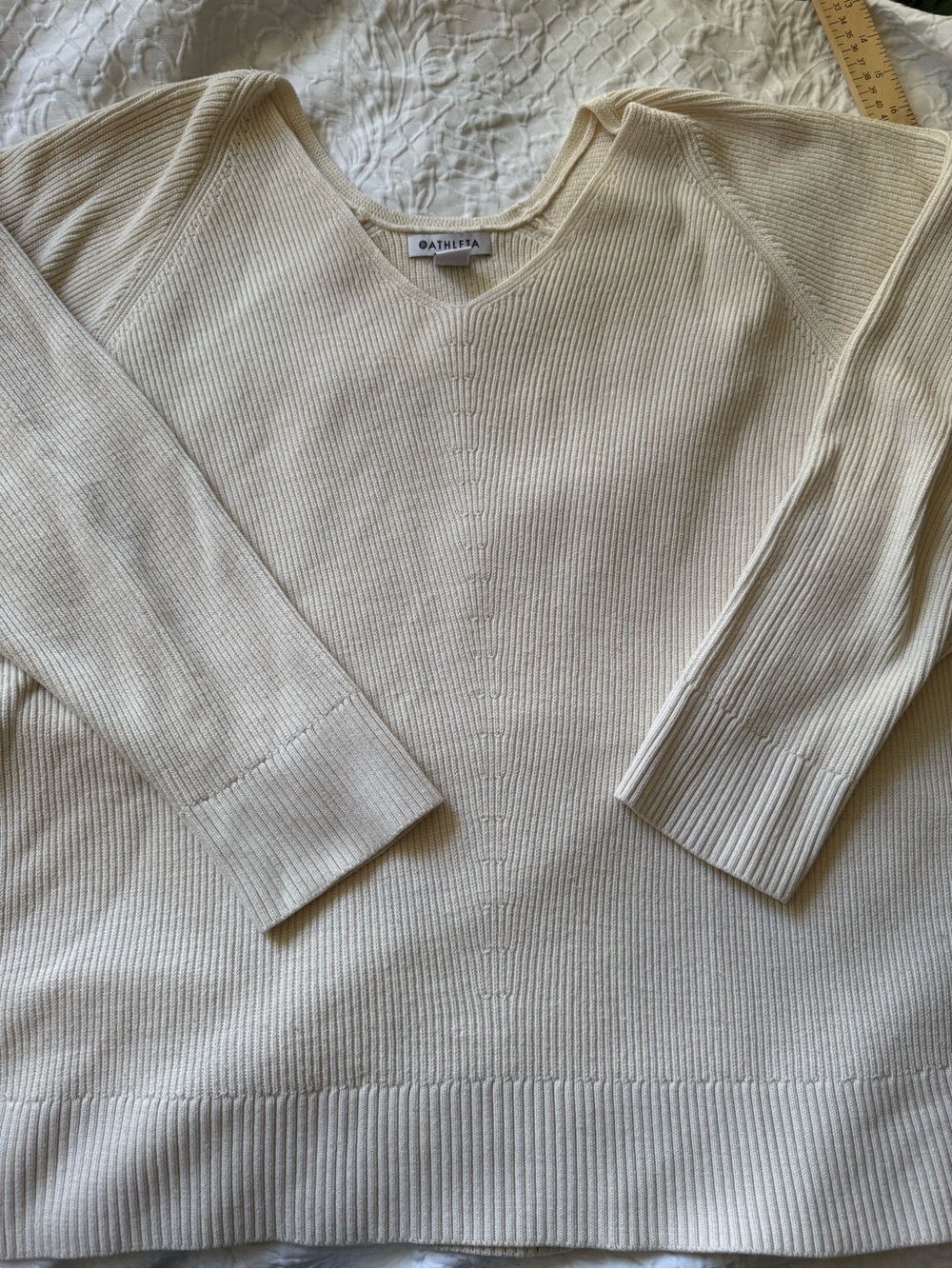 Athleta Hanover V-Neck Sweater 2X Ivory Rib Knit Merino Wool Blend Plus Size